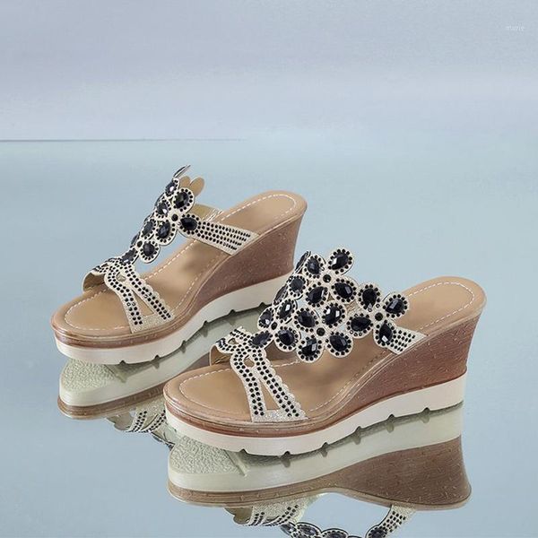 

slippers women crystal wedges slides for high heels fashion summer beach shoes 2021 female platform sandalias1, Black