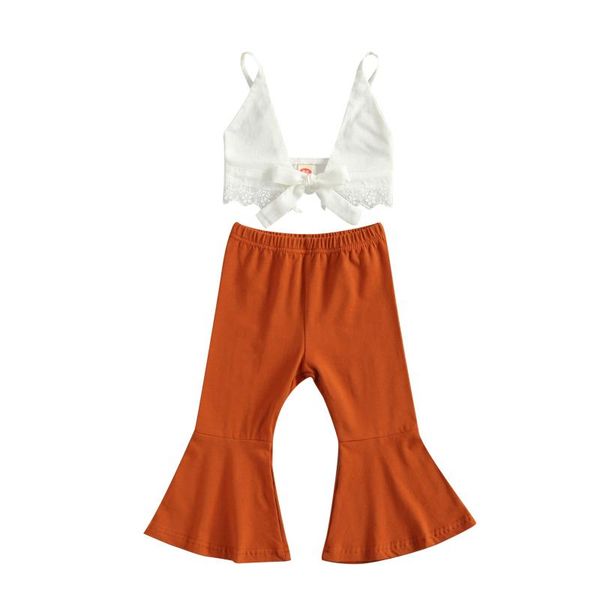 

new little girl solid color set, spaghetti straps bandage crop and flared long pants 2-piece suits, White