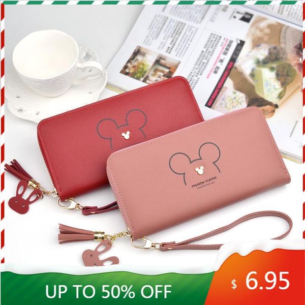 

wallets woman wallet cartoon pattern long mobile phone bag change tassel zipper handbag purse women ladies, Red;black