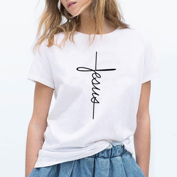 

women t shirt 2021 summer short sleeve jesus t-shirt christian cross printing ladies graphic female tee, White
