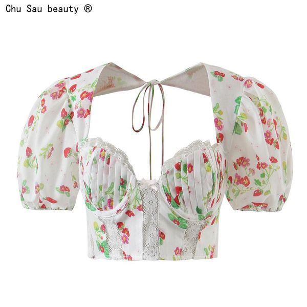 

women's blouses & shirts 2021 summer vintage sweet square collar lace-up lace stitching printed puff sleeve high waist backless blo, White