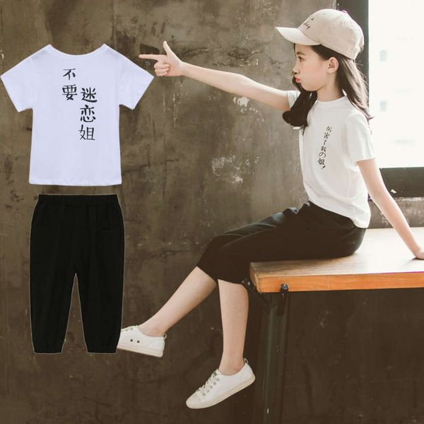 

suit 2021 new girls' summer korean wear two piece set of big kids' foreign style printing short sleeve children's sports, White