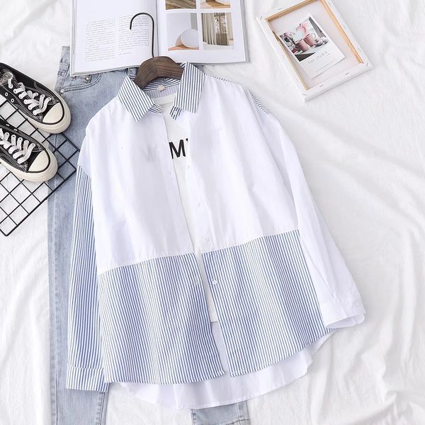 

2021 new striped shirts womens blouses patchwork lady long spring summer white student clothes female c6s0