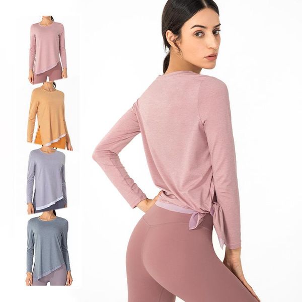 

yoga outfit abs loli women's mesh-trim sport fitness long sleeve t shirt crewneck with side split loose workout pullover tunic