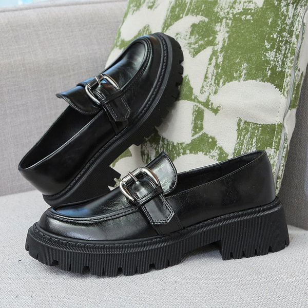 

womens oxford shoes 2021 spring round toe metal buckle female leather shoes footwear british style office shoes women sandals, Black