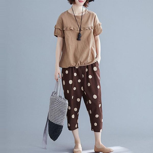 

retro casual cotton and linen two-piece suit loose short-sleeve t-shirts harem pants suits summer clothes for women 2021 y742, White