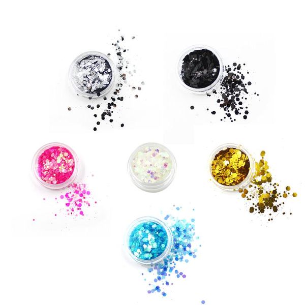 

nail art decorations 12 pots/pack single color hexagon glitter dust sequin mix size acrylic uv gel polish tips sparkle 3d decoration tool, Silver;gold