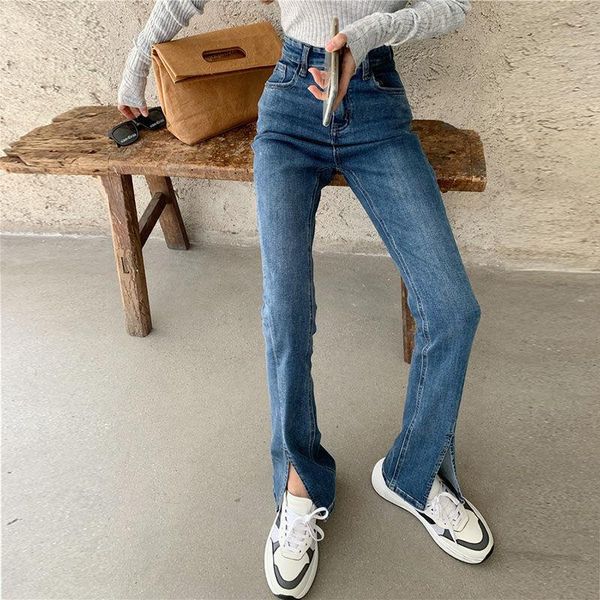 

chic slit high waist slim denim pants women vintage spring straight leg jeans fashion streetwear solid denim trousers female, Blue