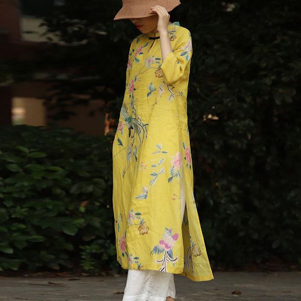 

casual dresses fairynatural ladies chinese style yellow ramie stand seven sleeve 2021 button female spring print floral dress a line, Black;gray
