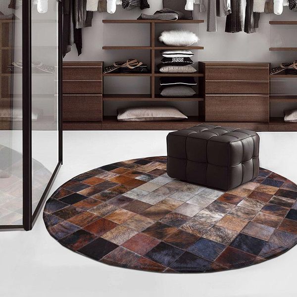 

carpets american style luxury natural brown color round cowhide patchwork rug , handmadecow skin fur chequer carpet for living room