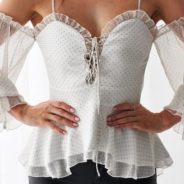 

new 2021 low-cut lace up white blouse summer lolita style blusas vintage polka dot backless chiffon women blouses s h783
