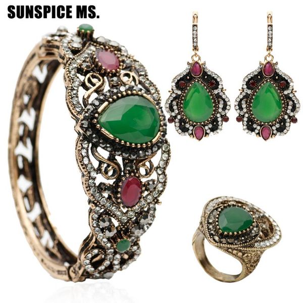 

earrings & necklace sunspice-ms turkish resin 3 pcs jewelry set antique long hook big crystal dangle flower bangle round ring, Silver