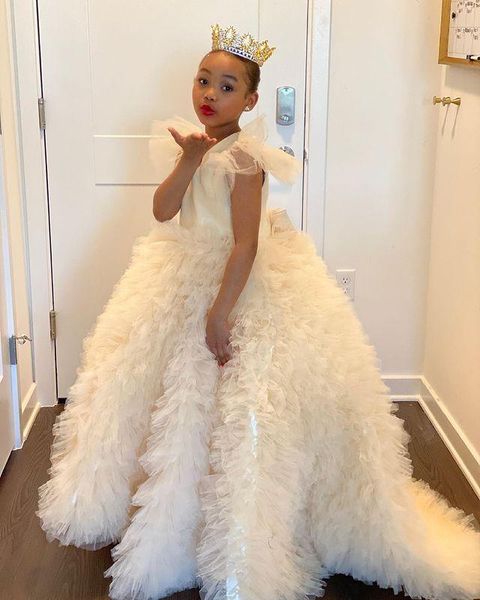 

2021 ivory luxurious flower girl dresses ball gown tulle tiers bow lilttle kids birthday pageant weddding gowns, White;blue