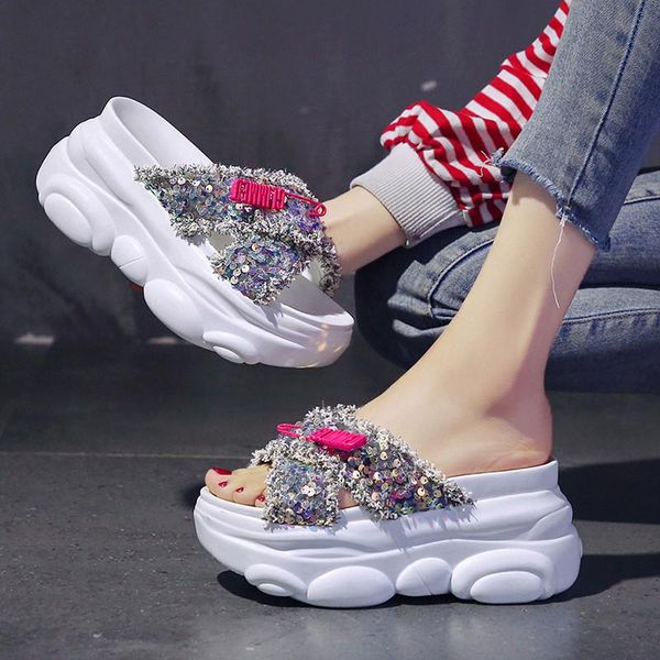 

slippers mixed colors platform open toe women summer outside casual wedges sandals for girl 8cm height increasing chunky slides, Black