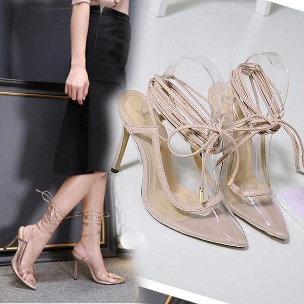 

large size 35-40 cross-tied pvc women party shoes nightclub pump sandals transparent strap gold black high heels