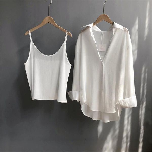 

2pcs women blouse shirt 2021 summer solid all match satin blouses shirts femal blouse halter z1082, White