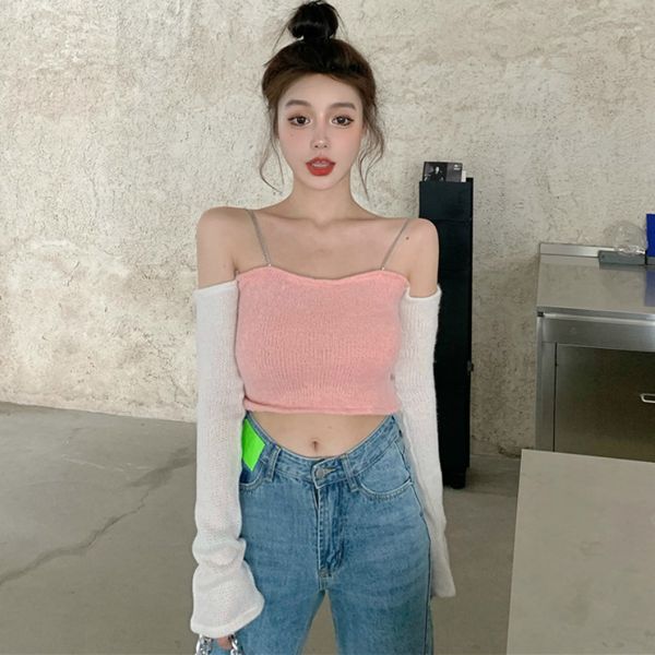 

pink knitted t-shirt women spring and autumn off-shoulder long-sleeved bottoming shirt 2021 new short elva, White