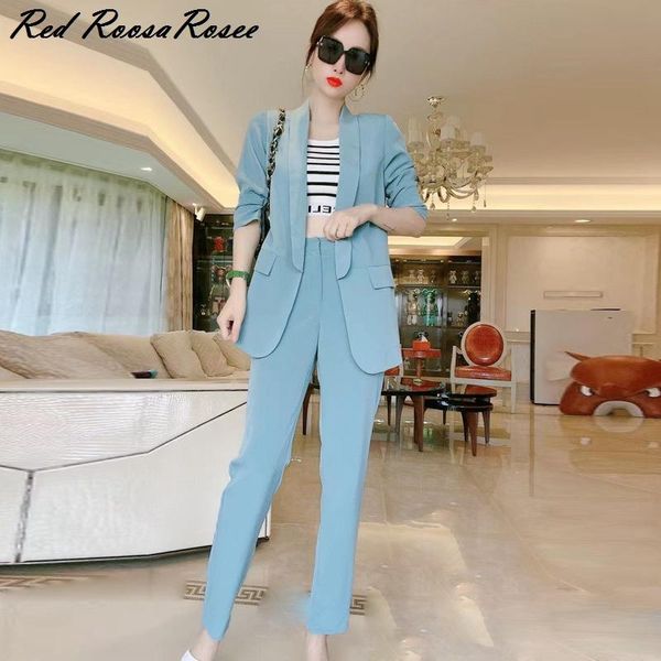 

women's two piece pants fashion women turn down full sleeve suit set, White