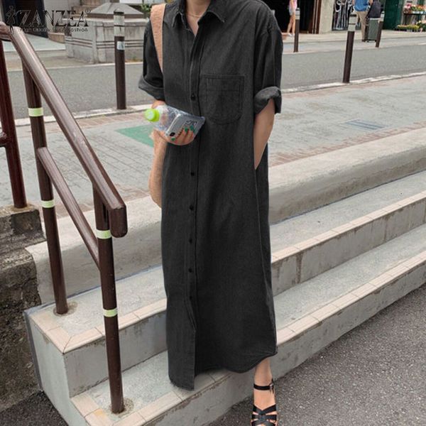 

new zanzea fashion lapel neck half sleeve long shirt women casual sun 2021 summer solid button loose maxi estidos femme 8sem, Black;gray