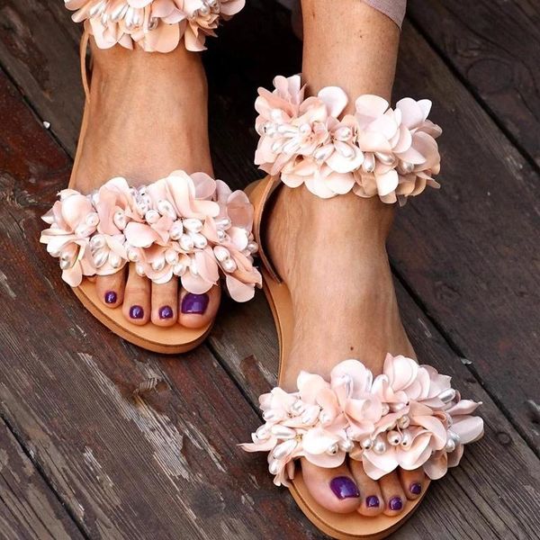 

sandals summer flat women shoes flowers pearl beaded rhinestones fashion woman floral flip flops plus size 35-43, Black