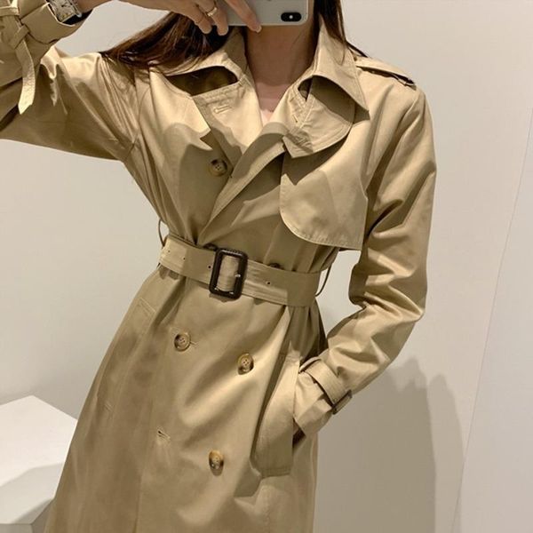 

goohojio new 2021 oversize lace up office lady long trench women autumn winter women's windbreaker cargo buttons vintage, Tan;black