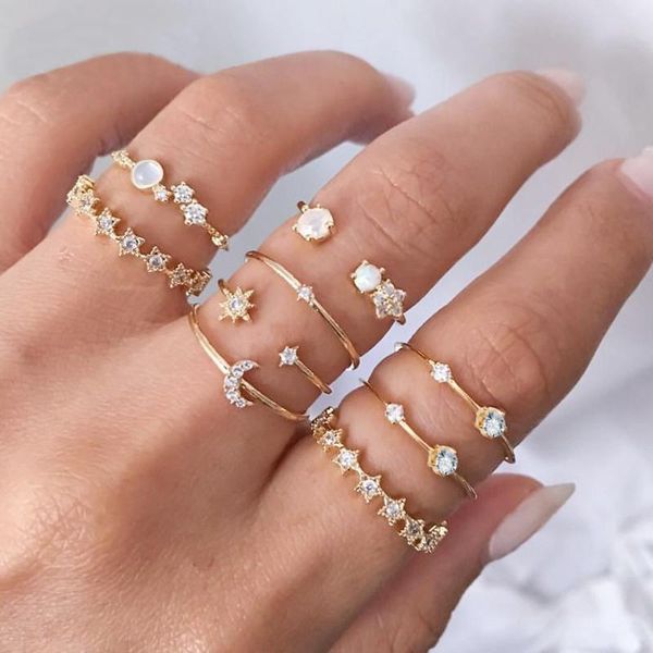 

cluster rings vintage crystal star moon for women gold knuckle finger ring geometric set engagement boho jewelry accessories, Golden;silver