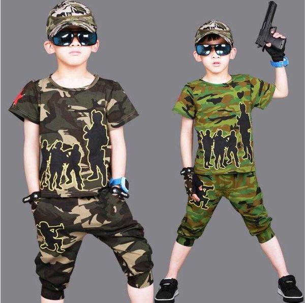 

new summer children's clothing set suit boys camouflage performance costume shorts & t-shirts twinset 3 4 5 6 7 8 9 10 12 years x0802, White