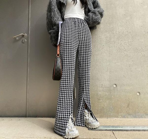 

women's pants & capris spring autumn casual high waist houndstooth front split wide leg flare streetwear floor length trumpet, Black;white