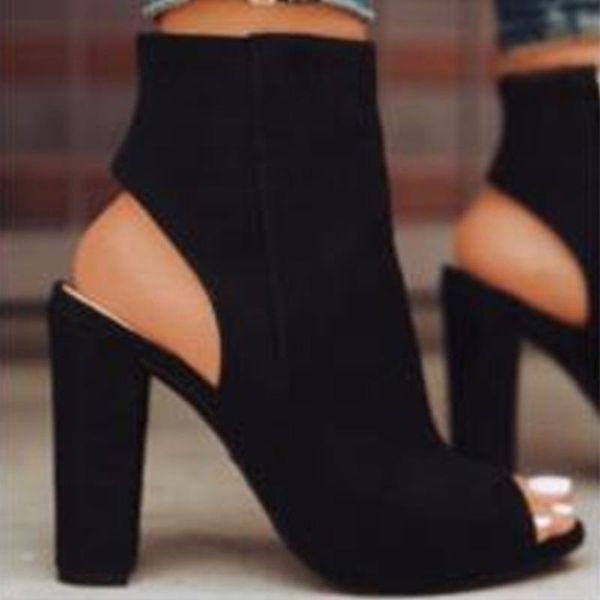 

sandals ankle boots faux suede leather casual open peep toe high heels zipper fashion square rubber black shoes for women plus size 43