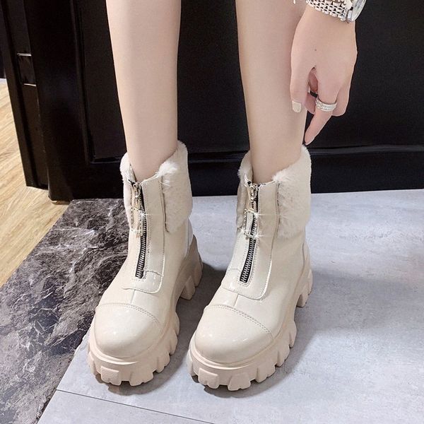 

casual women patent leather 5 cm platform ankle boots non slip short boots ladies 2019 winter shoes woman warm furry decoration k7js#, Black
