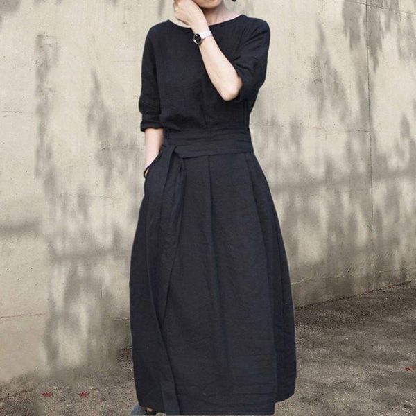 

party dresses women dress summer 2021 bohemian retro linen solid o-neck banquet black cotton elegant vintage women's, White;black