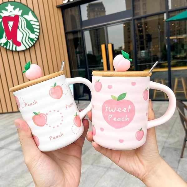 

mugs peach water cup mug with spoon ceramic lid coffee juice milk office tea straw cute