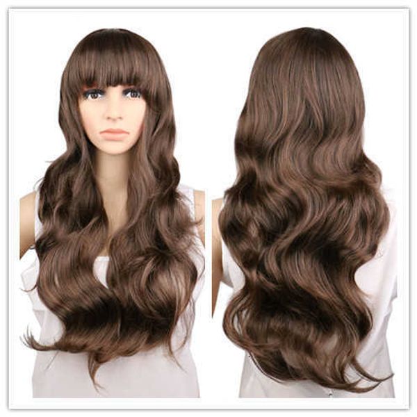 

wig female big wave pear flower head inside buckle qi bangs wig set korean natural medium and long curly hair, Black