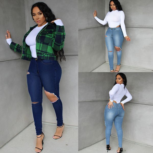 

jeans 2021 fashion hole women's wear pencil pants, Blue