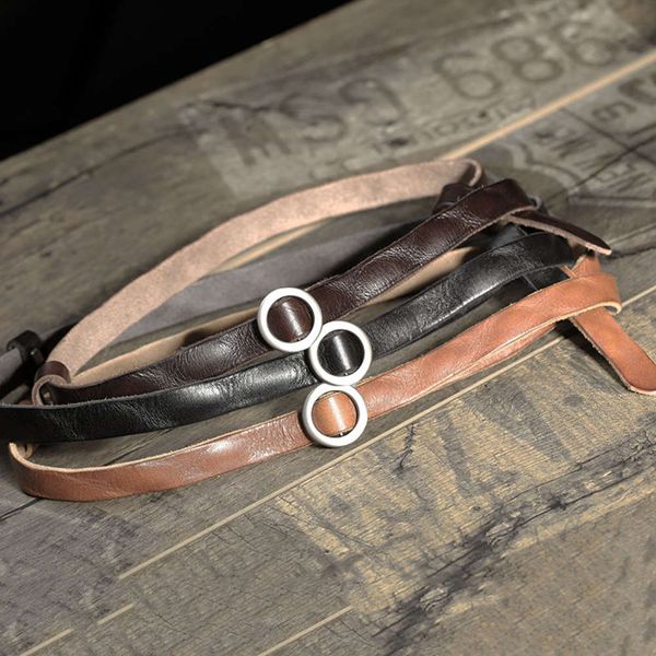 

waistbands no hole eyeless leather thin waistband with head layer of pure cow small round button decoration and manual soft belt narrow styl, Black;brown