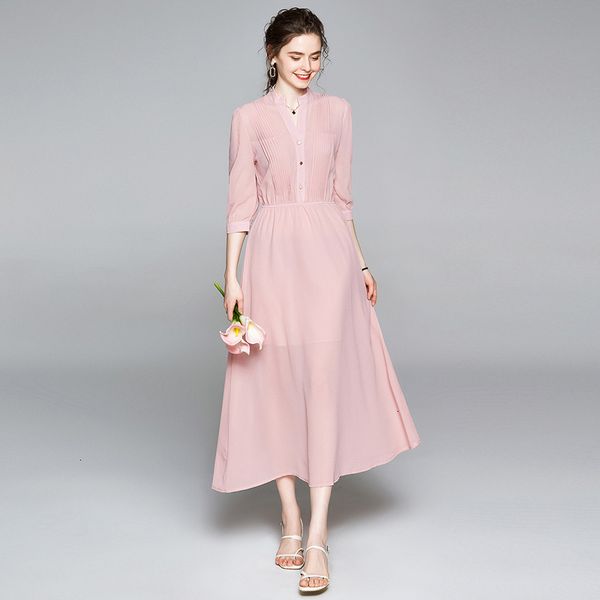 

2021 new merchall runway designer women elegant pink v-neck 3/4 sleeve chiffon spring summer midi female z9jw, Black;gray