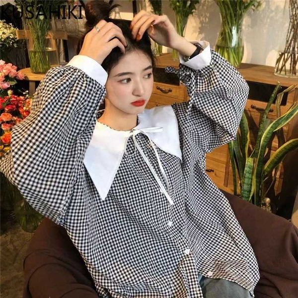 

korean plaid blouses causal hit color lace up peter pan collar shirt spring sweet long sleeve blusas 6g094 210603, White