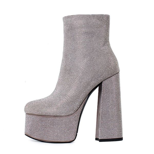 

boots couro genuÃ­no strass plataforma ankle boots novo outono sapatos femininos super salto alto dedo do pÃ© redondo zip botas preto prateado, Black