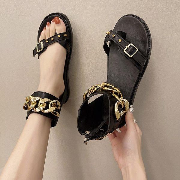 

sandals 2021 summer style rivet belt buckle women metal chain roman female shoes flat beach ladies, Black