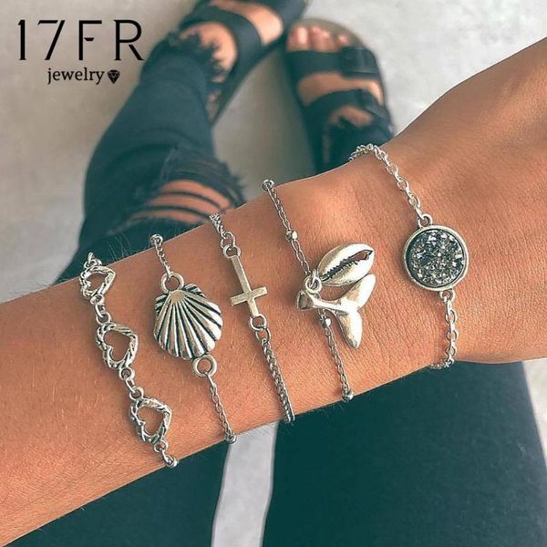 

link, chain 5 pcs/set vingtage bracelets for women boho love heart cross shell fish pendant women's friendship charm bangle gift, Black