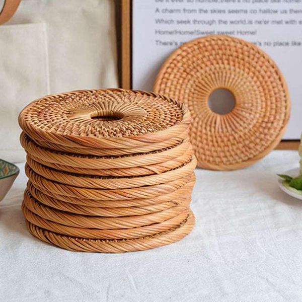 

round rattan woven placemats heat insulation pads coffee drink cup japanese style tableware kitchen accessories #