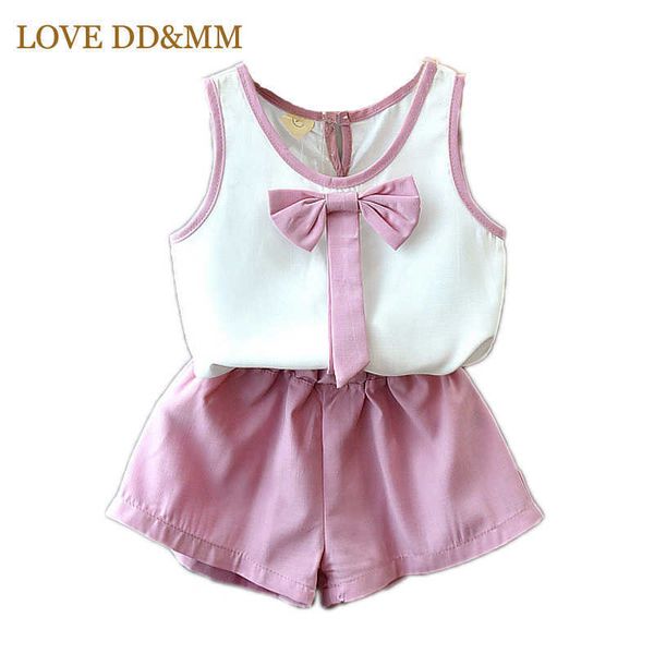 

love dd&mm girls sets summer children's wear girls fresh bow vest + solid color shorts two-piece suit 210715, White