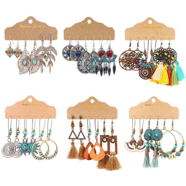 

dangle & chandelier retro ethnic style earrings set bohemian hand-woven alloy geometric turquoise tassels women summer jewelry, Silver