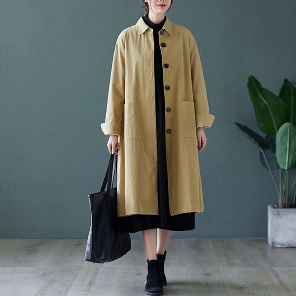 

2020 autumn long knee windbreaker women's loose casual cotton lapel slim coat, Tan;black