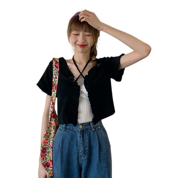 

women's t-shirt women fashion lace short cardigan summer sleeve knitted t-shirts tees, White