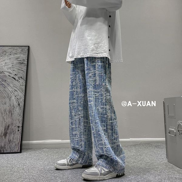 

men's jeans plus size drawstring men fashion retro wide-leg baggy streetwear loose hip-hop straight denim trousers mens, Blue