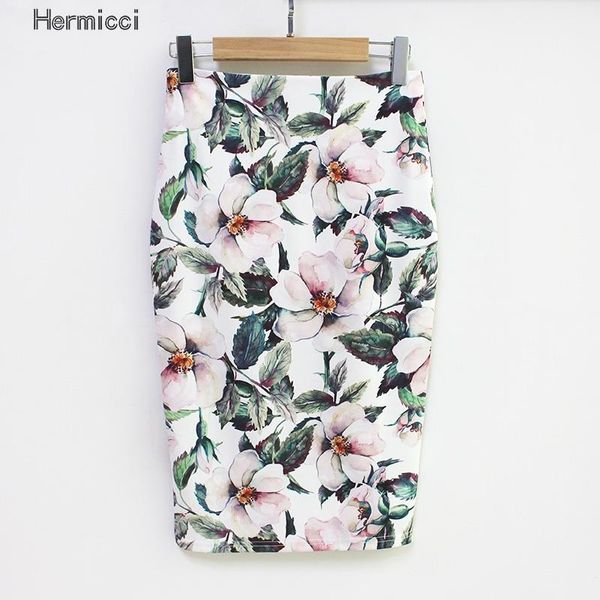 Hermicci Sommer Stil Bleistiftrock Frauen Hohe Taille Grüne Röcke Vintage Elegante Bodycon Blumendruck Midirock 210309