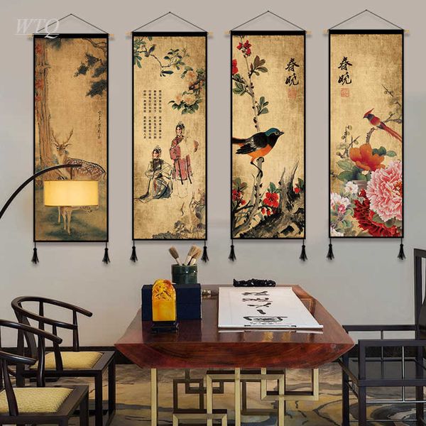 Stile cinese Loto Peonia Buddismo Zen Retro Poster Tela Pittura Decorazione della parete Poster Immagine di arte della parete Room Decor Home Decor Y0927