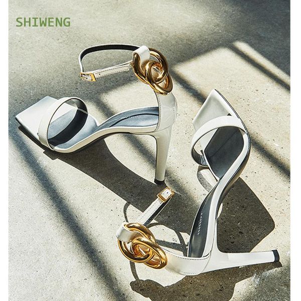 

sandals 2021 summer women metal decoration mule heels thin high square toe slides party shoes woman, Black