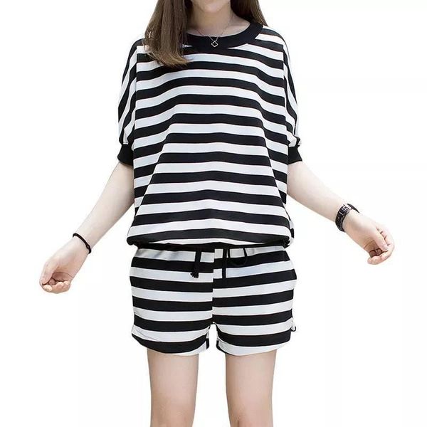 

missky 2pcs/set women's suit summer striped short-sleeve loose sportswear+shorts suit female sets new, Gray